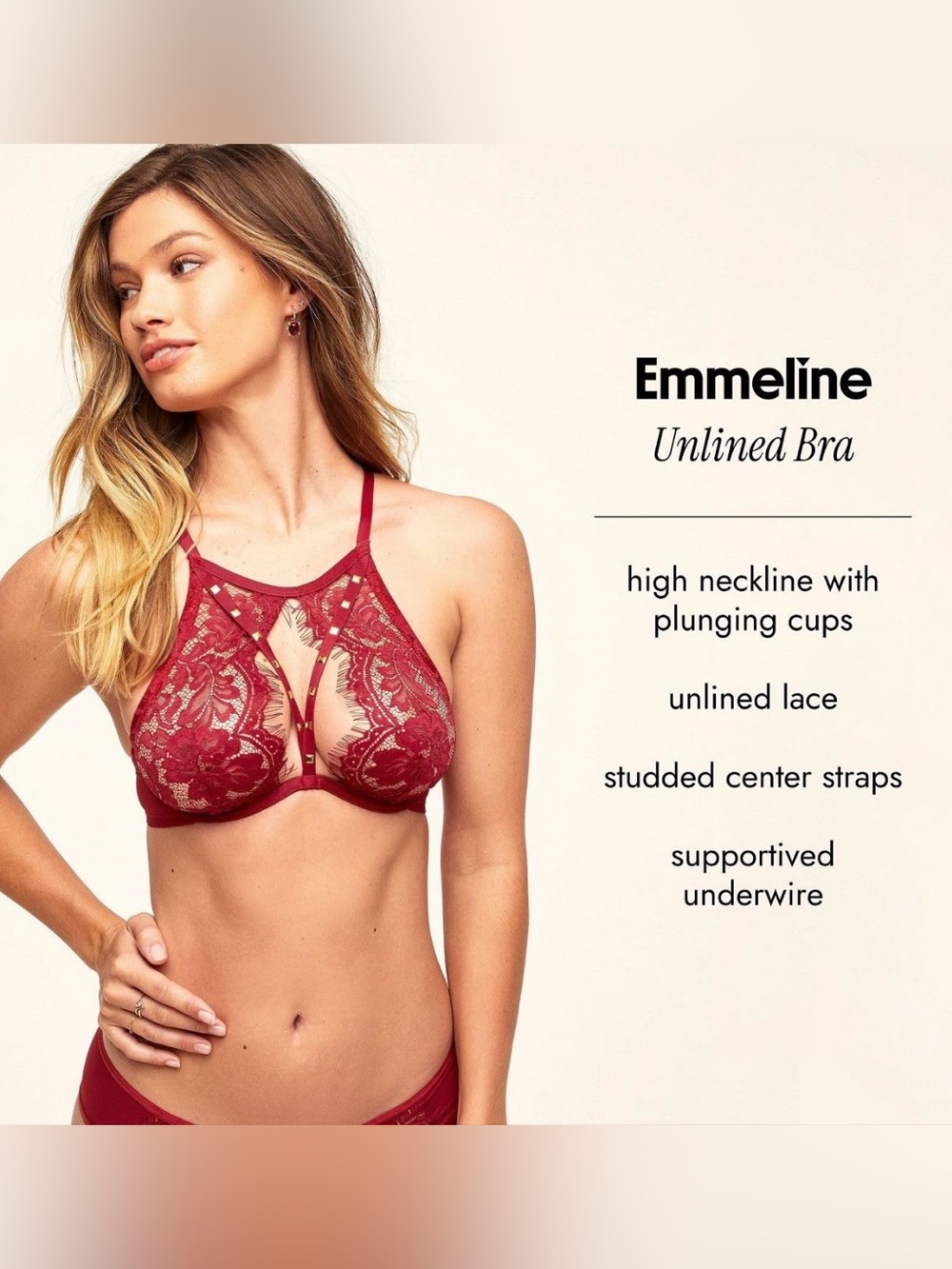 Adore Me Emmaline Red High Neck Studded Underwire Bra And Panty Set 34C/Small